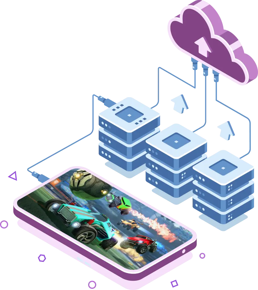 This picture shows a mobile device running a game and the backend of the game, which stands for the cloud gaming infrastructure.
